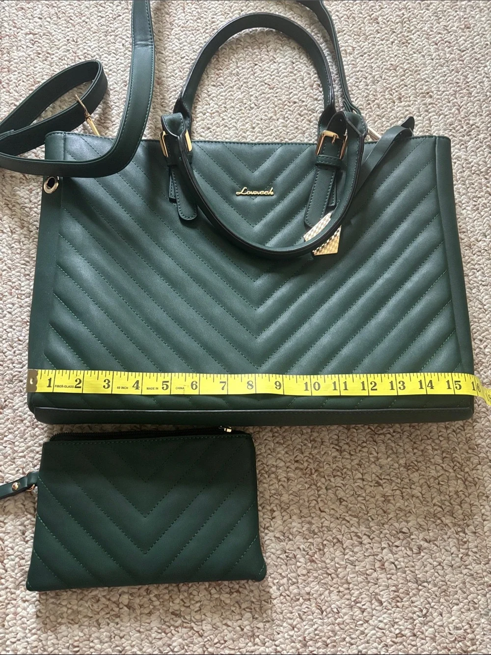 LOVEVOOK 2-Piece Quilted Faux Leather Laptop Tote & Wristlet Set – Dark Green
